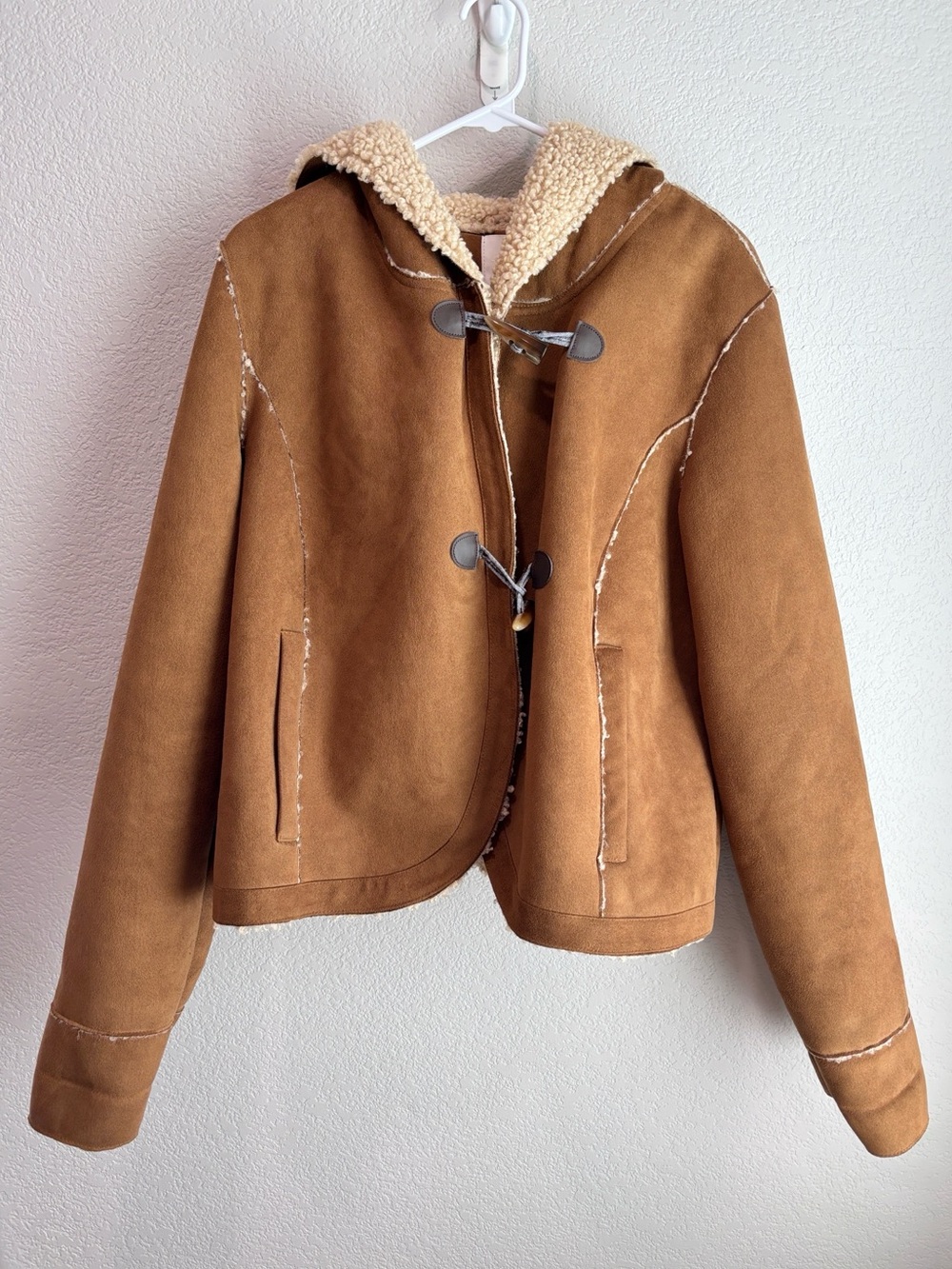 Ettitwa by Anthropologie Tan Faux Suede Sherpa Hooded Toggle Jacket Size 10